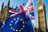 European Union and British Union Jack flag flying in front of Big Ben and the Houses of Parliament