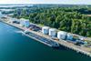 Aerial view of oil tankers moored at an oil storage silo termina